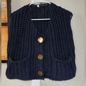 Chunky Knit Navy Button-Front Women’s Sweater Vest
